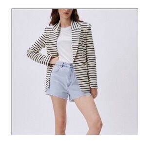 Joie Striped‎ Double Breasted Blazer Jacket Cream Navy Gold Buttons Size Medium